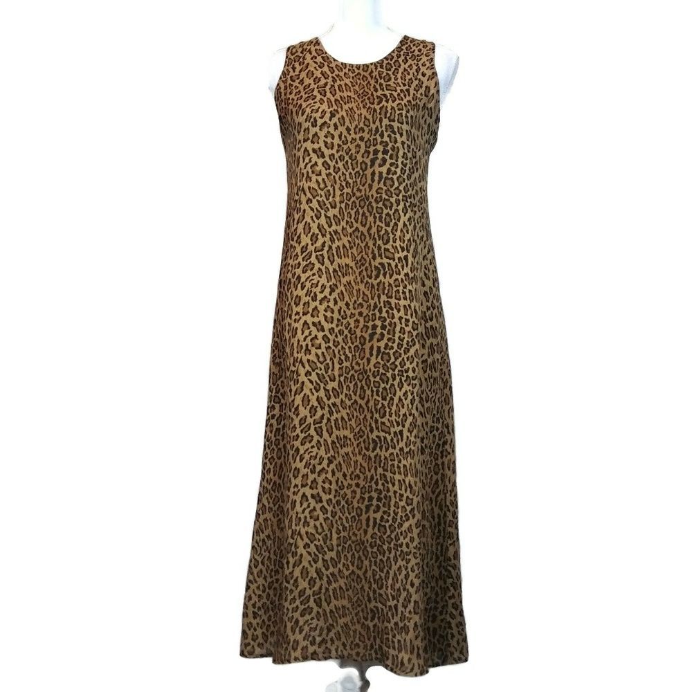 100% Silk Vintage Womens Leopard Animal Print Sleeveless Maxi Midi Dress